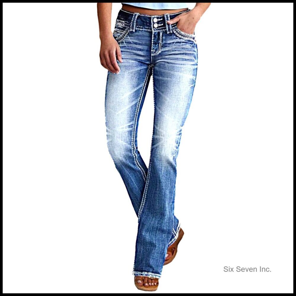Mid Rise Bootcut Jeans Stretchy Slim Fit Distressed Pocket Casual Chic